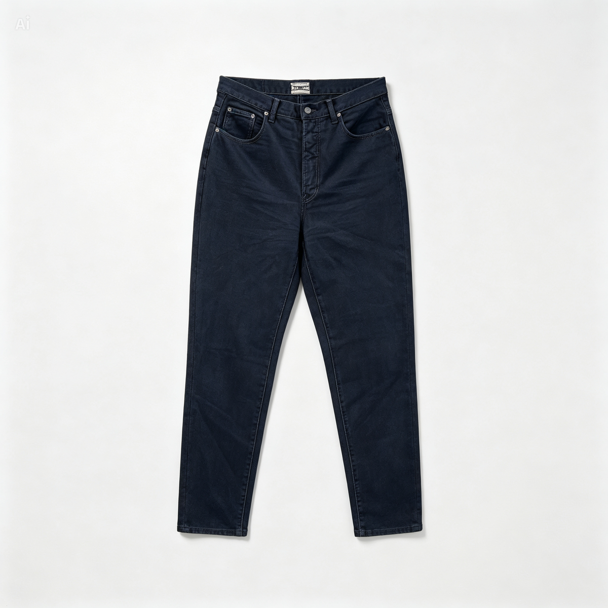 A pair of dark navy blue jeans laid flat against a clean, light off-white background.