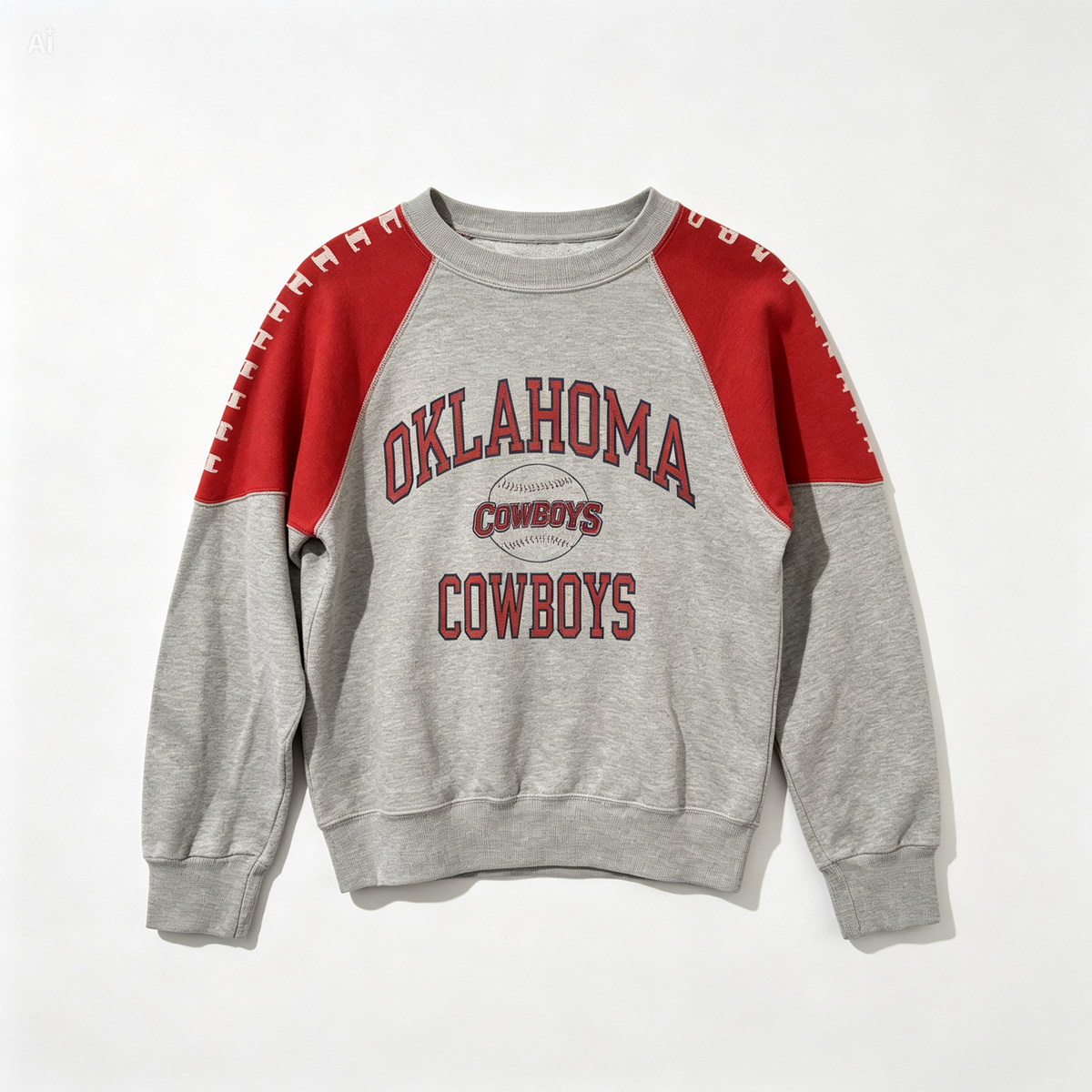 A heather gray and red long-sleeve sweatshirt featuring 'OKLAHOMA COWBOYS' printed in red on the front, with red raglan sleeves and white star details along the shoulder seams.