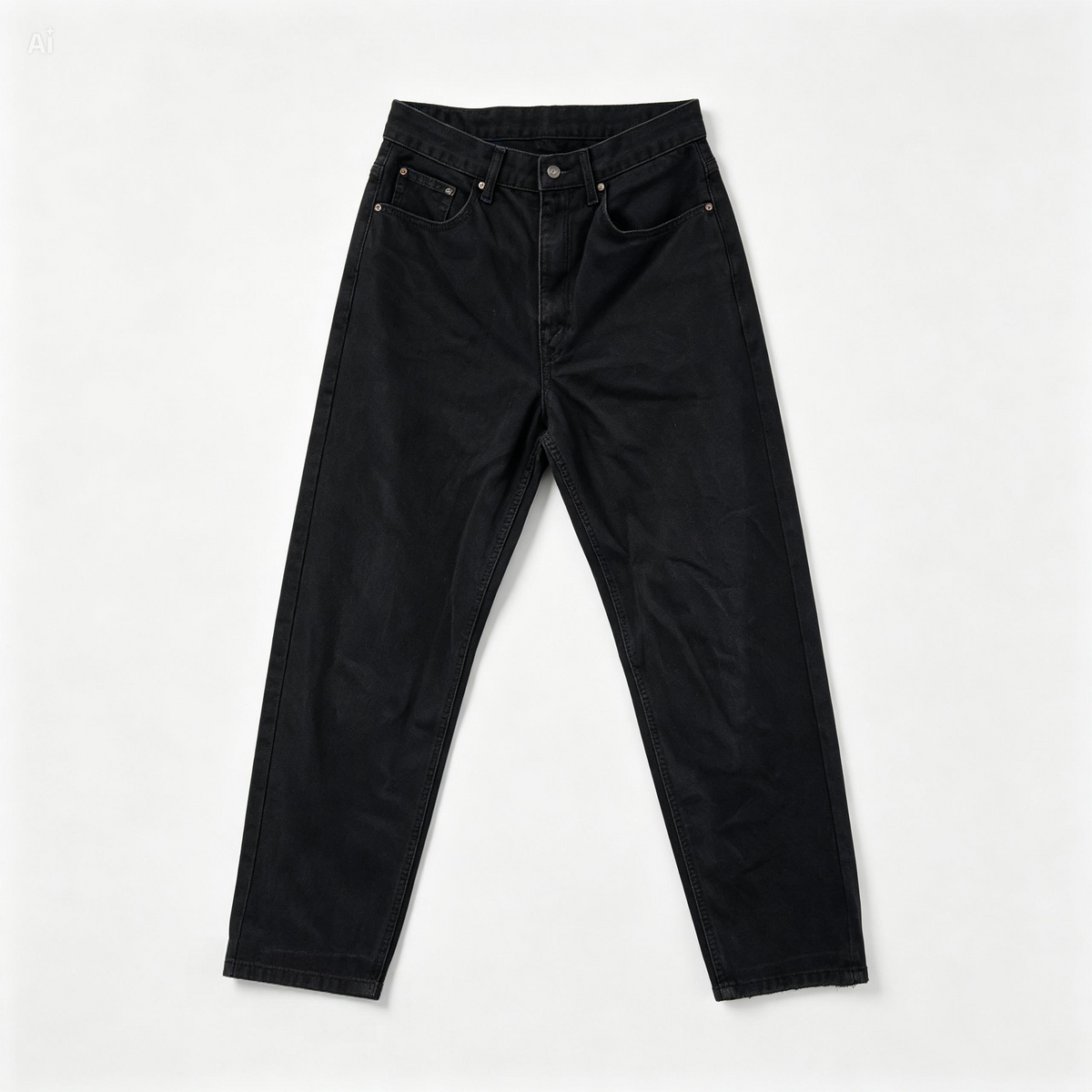 Black slim-fit jeans laid flat on a light gray background.