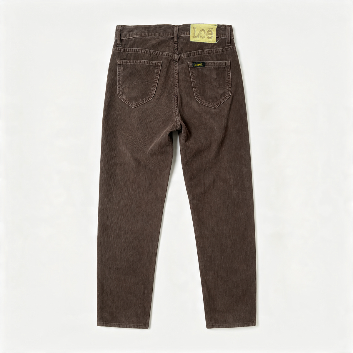 Back view of Lee dark brown washed corduroy pants on a light gray background.