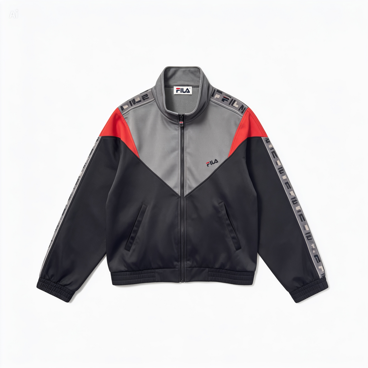 A FILA track jacket in black and gray with red color-blocked shoulder panels, featuring a gray and black striped tape detail on the sleeves and a small FILA logo on the chest.