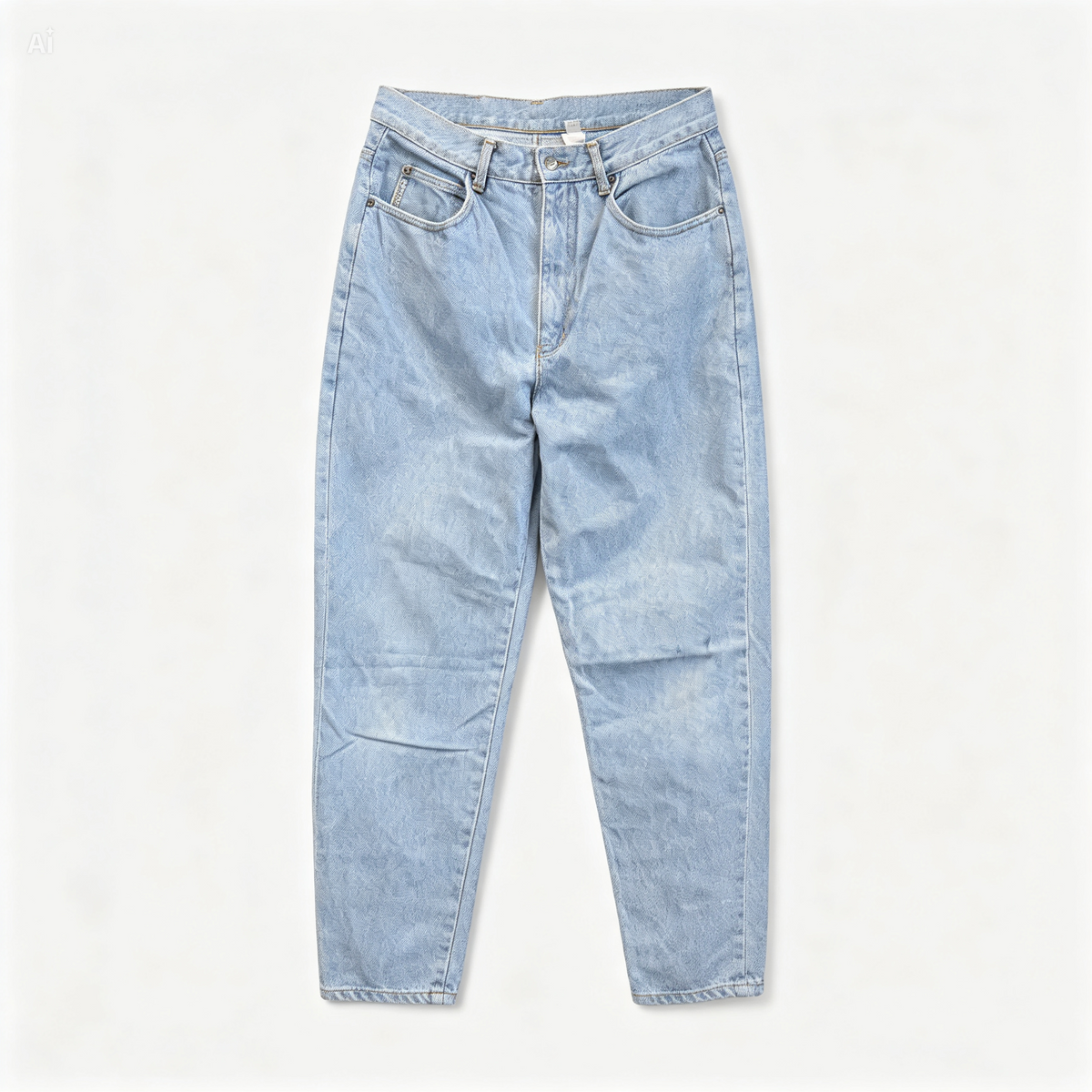 Light wash blue denim jeans with a relaxed, straight-to-athletic leg fit, laid flat on a clean off-white background.