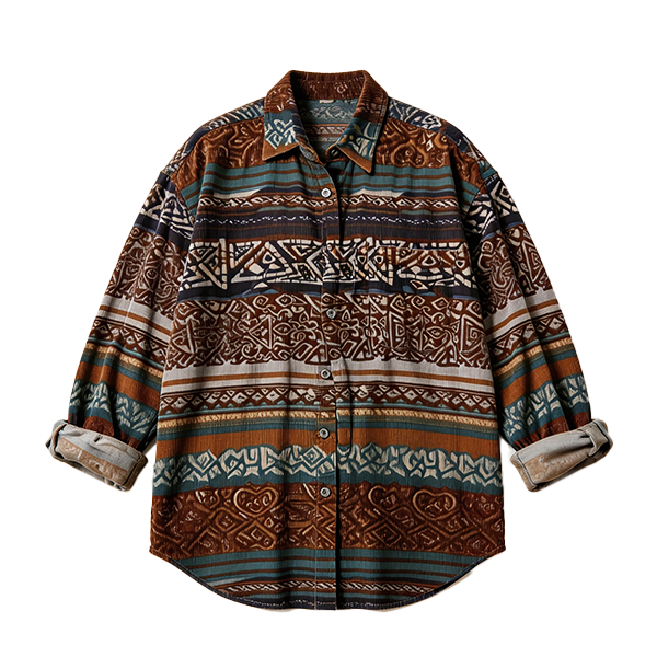 A long-sleeve button-up shirt with a complex horizontal tribal and geometric pattern in brown, rust orange, teal, beige, and black, shown against a plain white background.