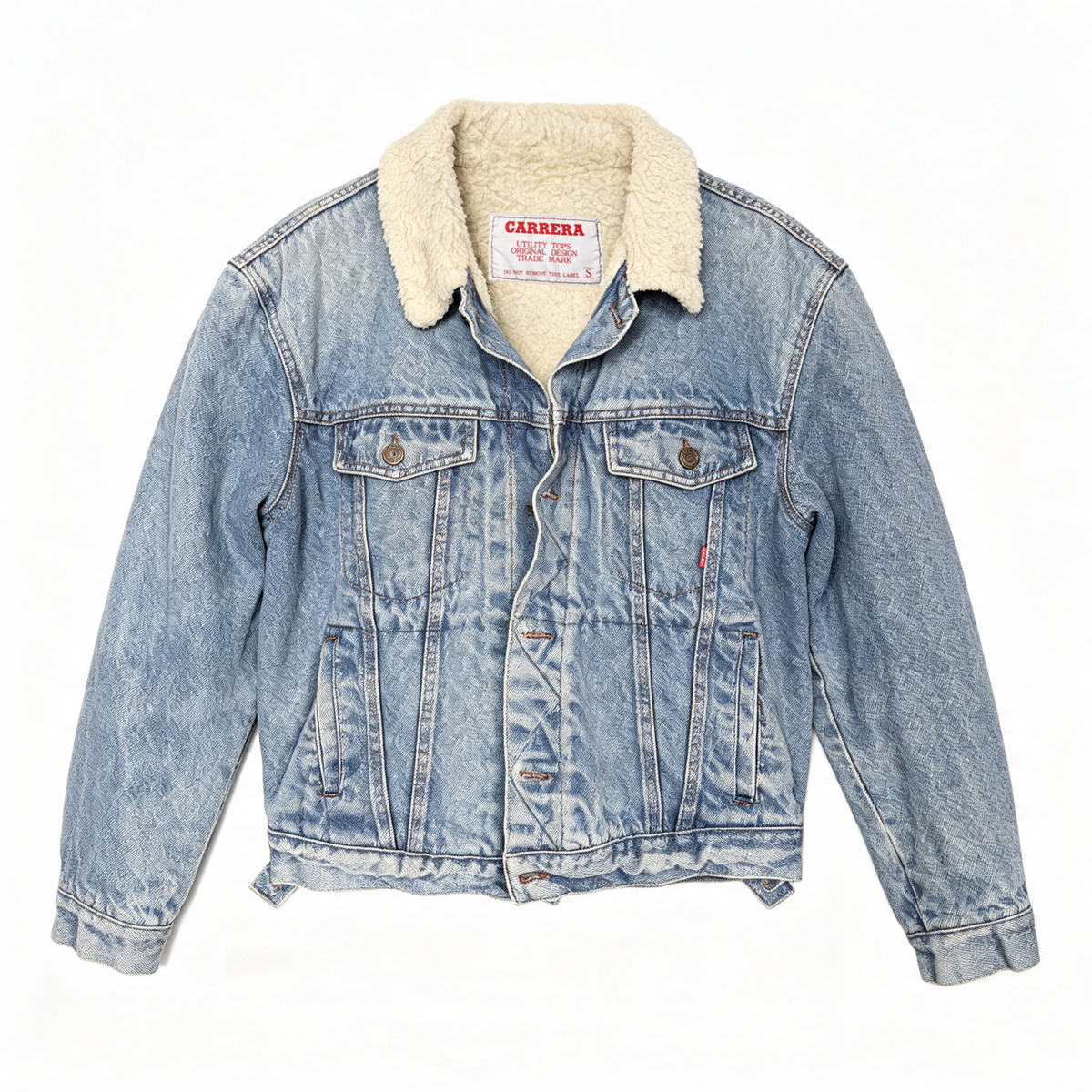 A light blue washed denim jacket with a cream sherpa fleece collar, featuring a button front, chest flap pockets, and a visible Carrera brand label.