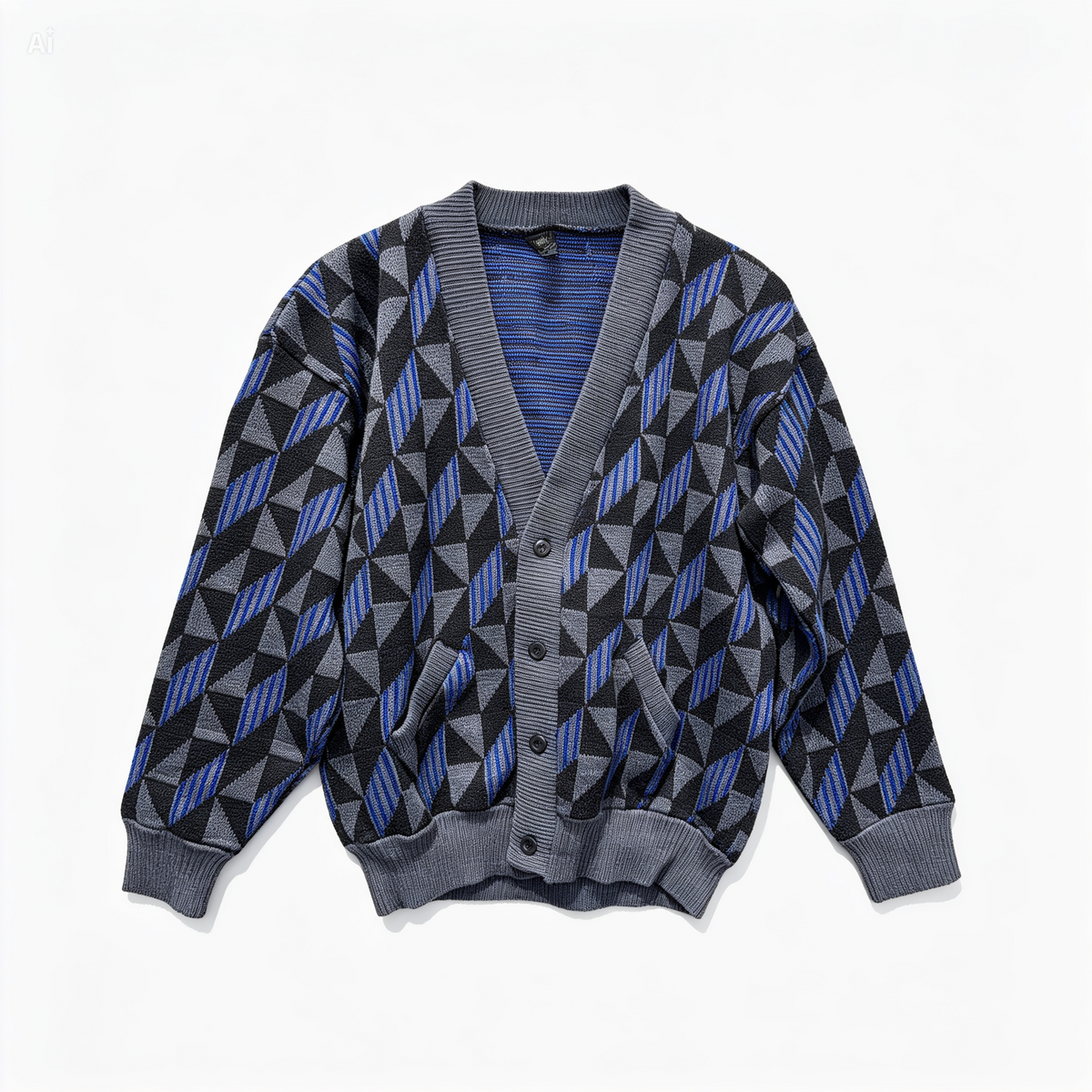 A long-sleeve knit cardigan with a geometric pattern of black, gray, and blue triangles, featuring a gray ribbed V-neck, button closure, and cuffs.