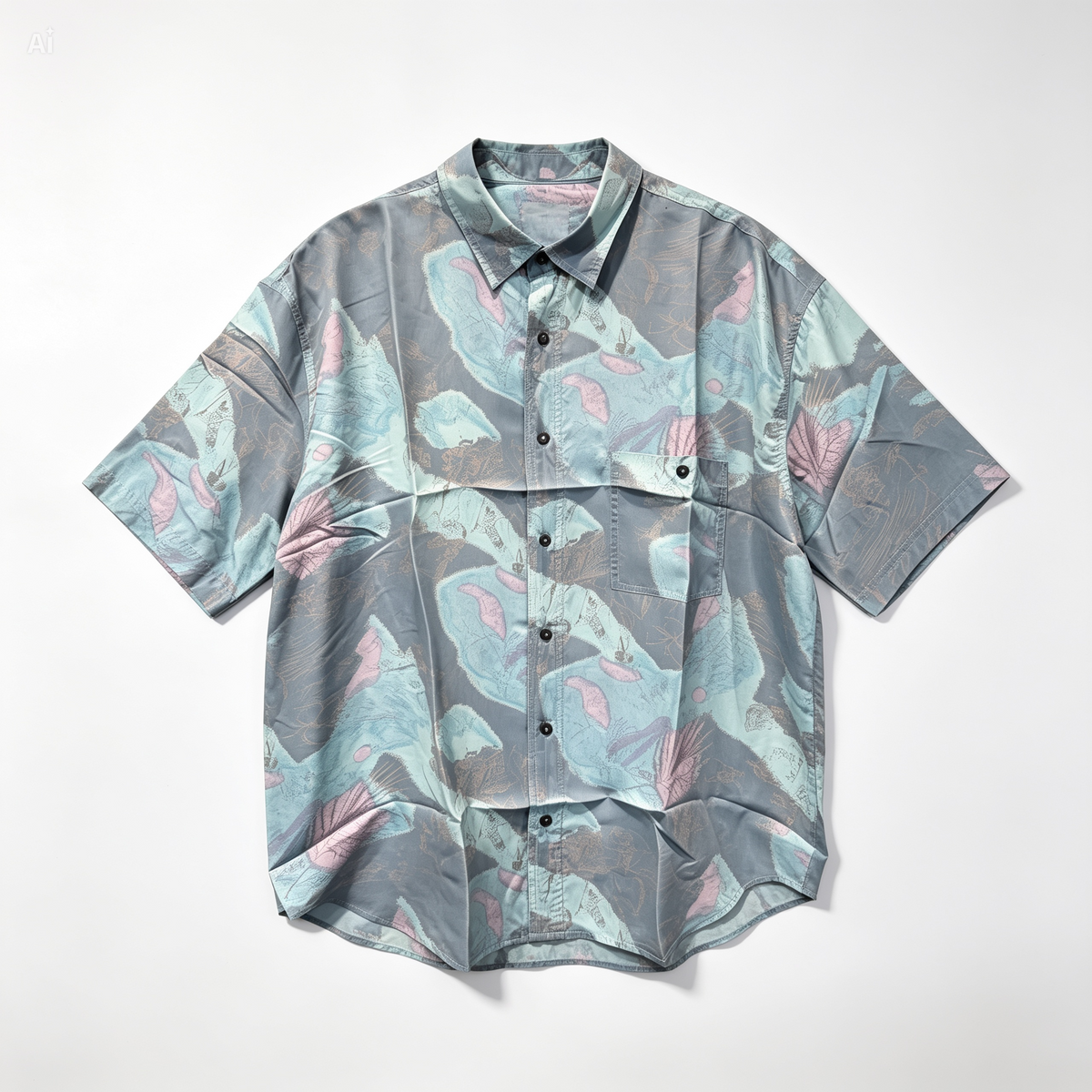 A short-sleeve button-up shirt with a tropical leaf pattern in shades of gray, teal, and pink, laid flat against a light gray background.