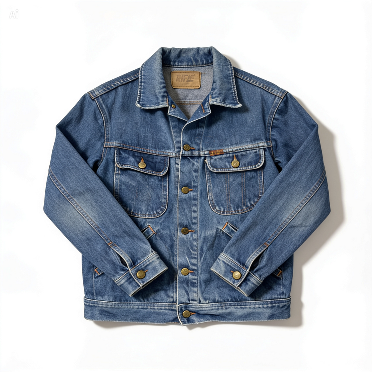 A blue denim trucker jacket with button closures and flap pockets, laid flat on a white background.