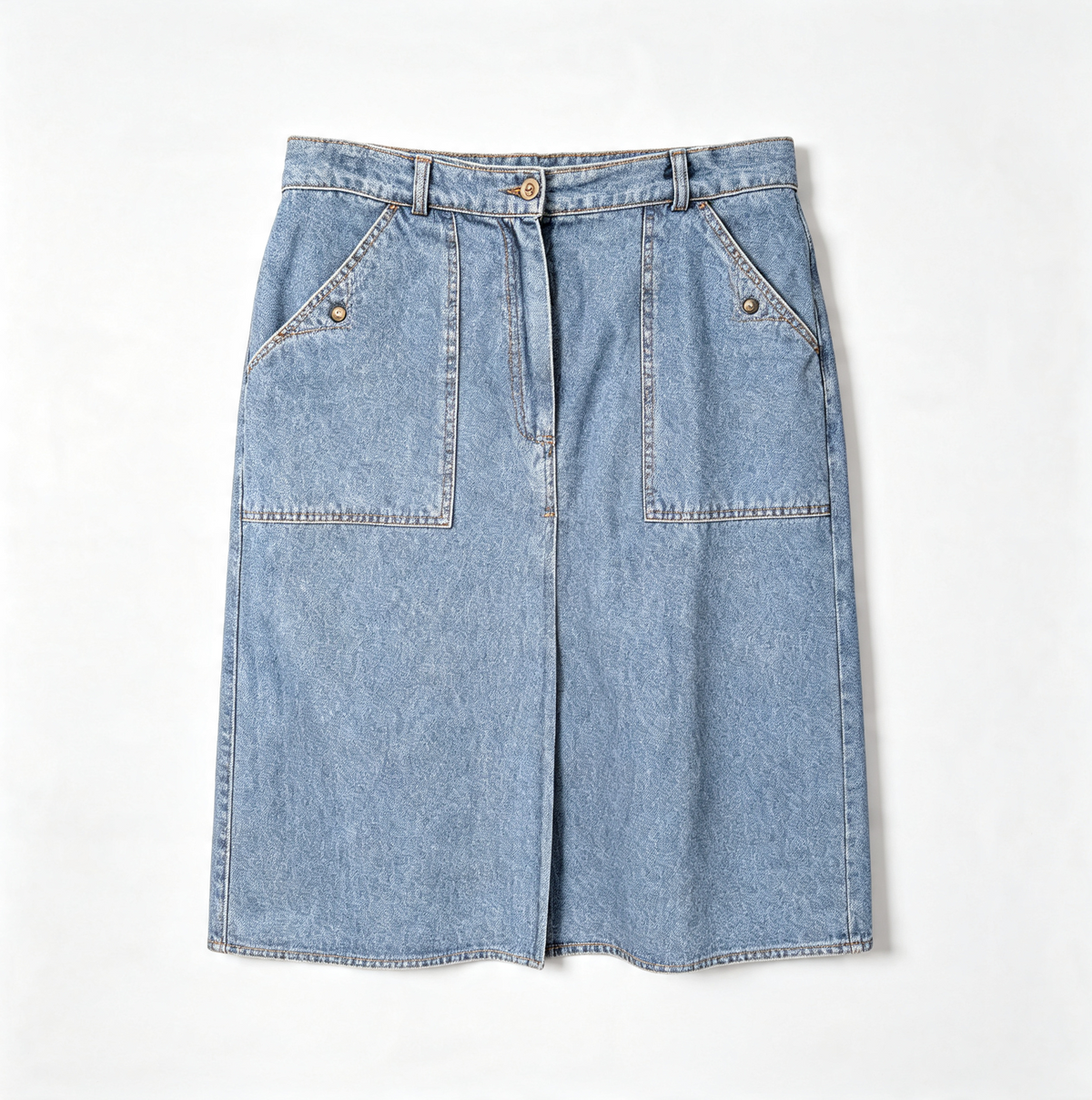 A light blue denim knee-length skirt with a button closure, belt loops, and two large front patch pockets, shown flat against a white background.
