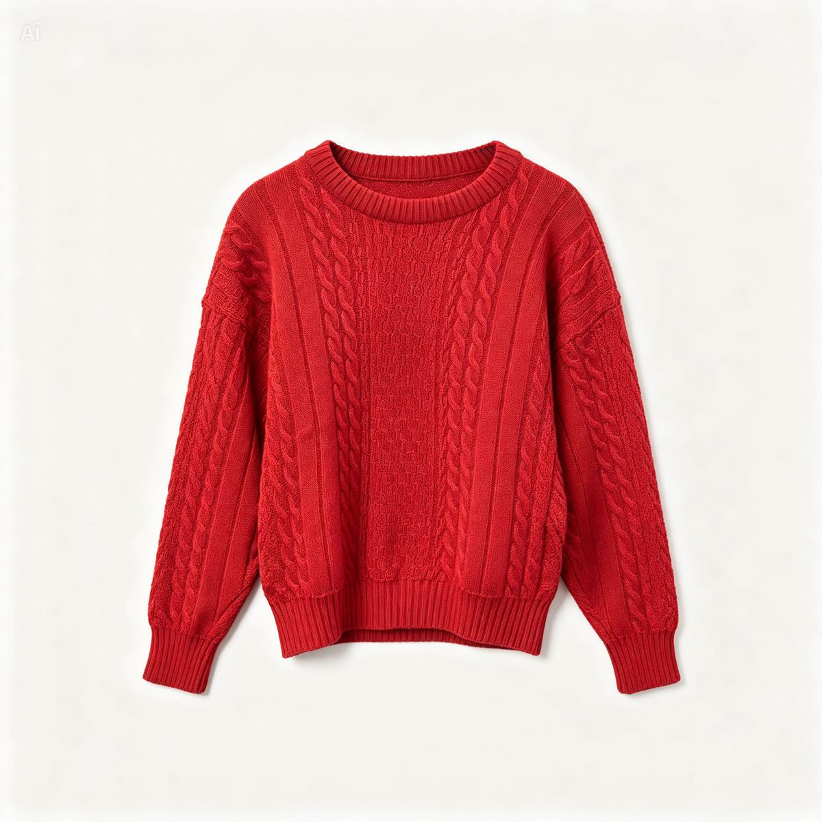 A vibrant red cable-knit crewneck sweater with a relaxed fit, laid flat against a clean off-white background.