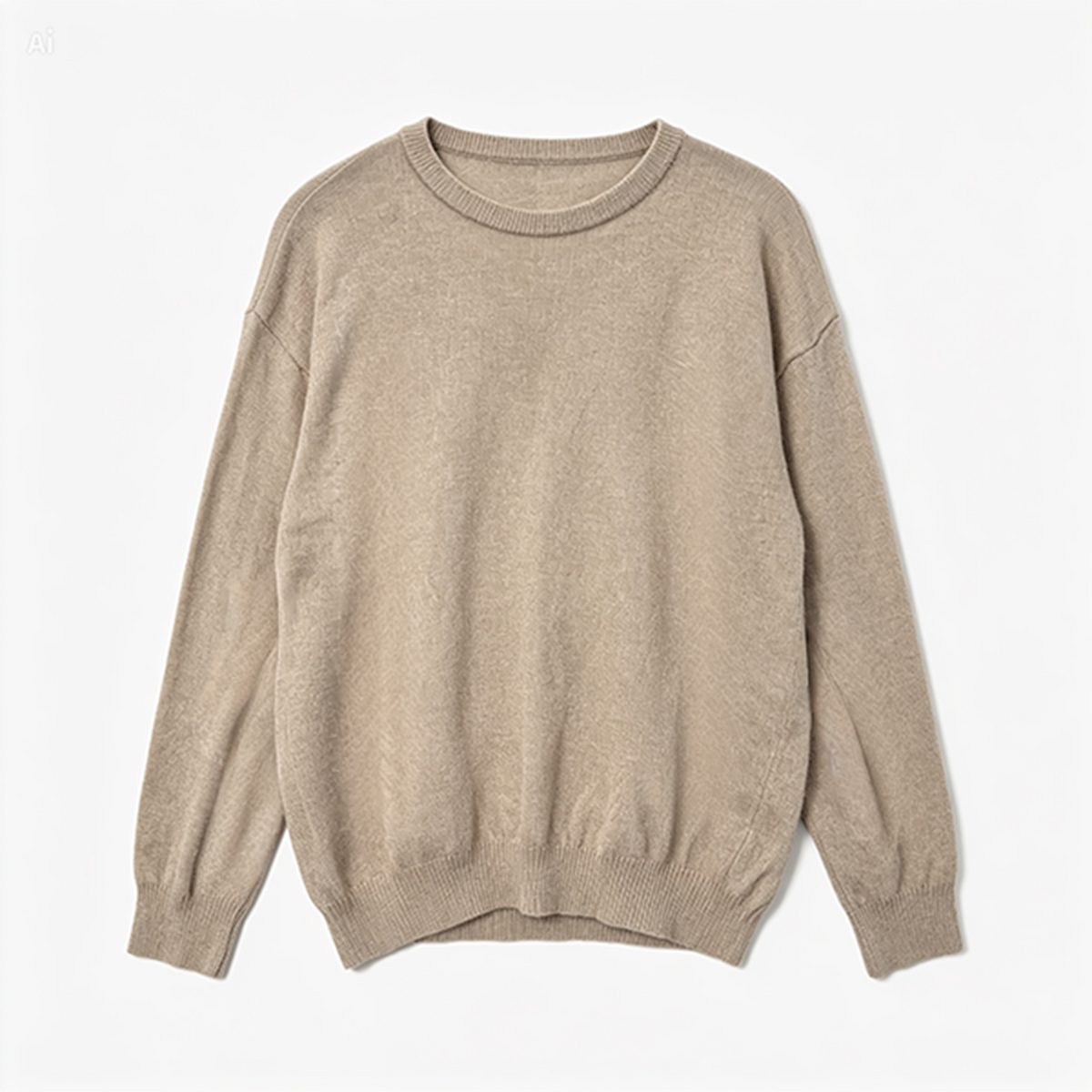 A light beige crewneck knit sweater with long sleeves and a relaxed fit, laid flat against a clean white background.