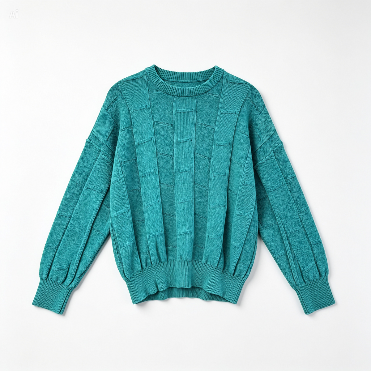 A teal green ribbed knit sweater with a crew neck, laid flat on a white background. The sweater features vertical textured stripe panels on the front and balloon sleeves.