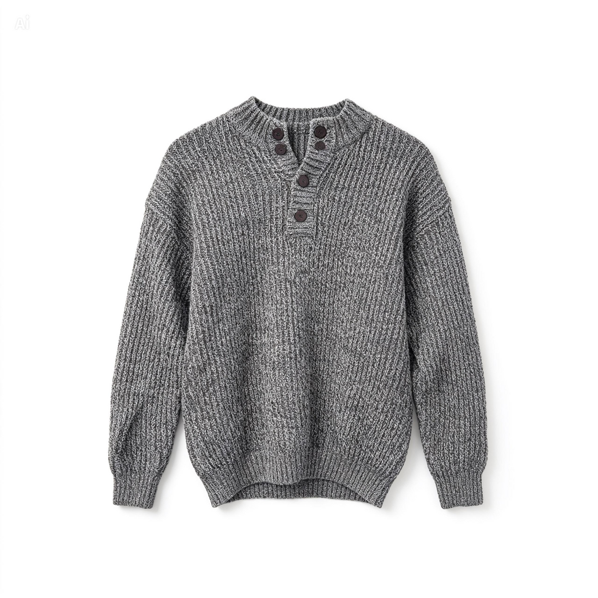A gray ribbed knit sweater with a three-button henley neckline, displayed flat against a plain white background.