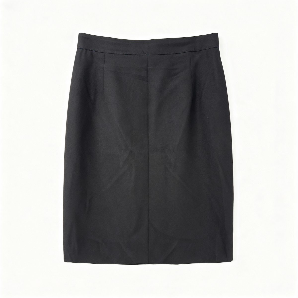 A black knee-length skirt with a structured waistband and front center seam, laid flat against a white background.