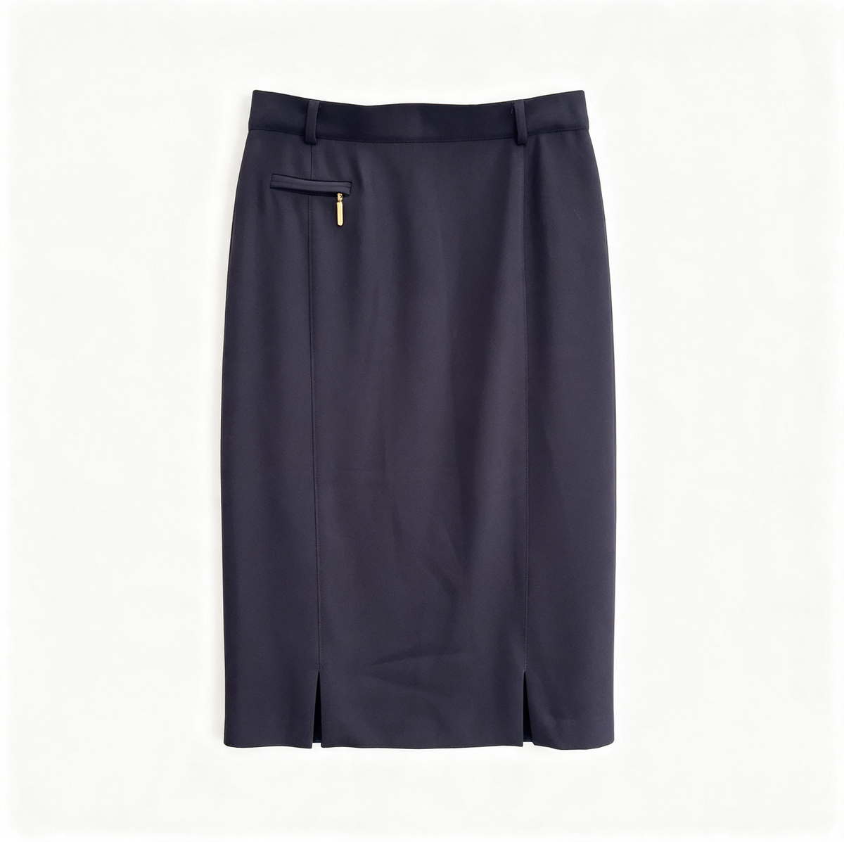 A dark navy blue pencil skirt with a small gold zipper pocket on the left side, laid flat against a light off-white background.