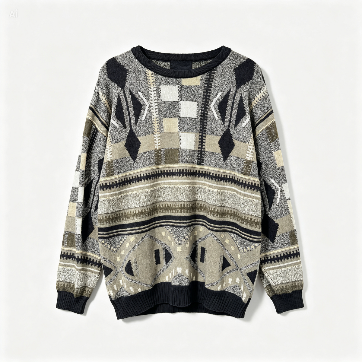 A long-sleeve knit sweater with a geometric tribal pattern in beige, gray, black, and white, featuring ribbed cuffs and hem, shown against a plain light background.
