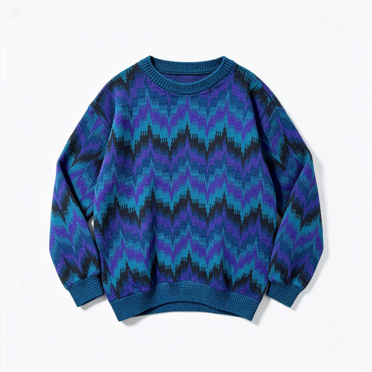 A crewneck knit sweater with a vibrant chevron pattern in shades of blue, purple, and black, displayed flat against a clean white background.
