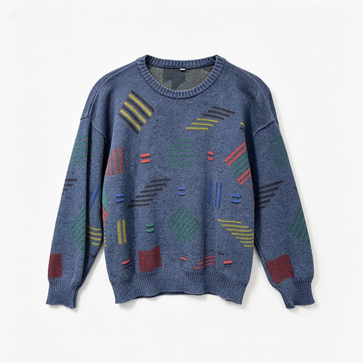 A blue crewneck knit sweater featuring a colorful geometric pattern of stripes, squares, and diamonds woven into the fabric, displayed on a clean white background.
