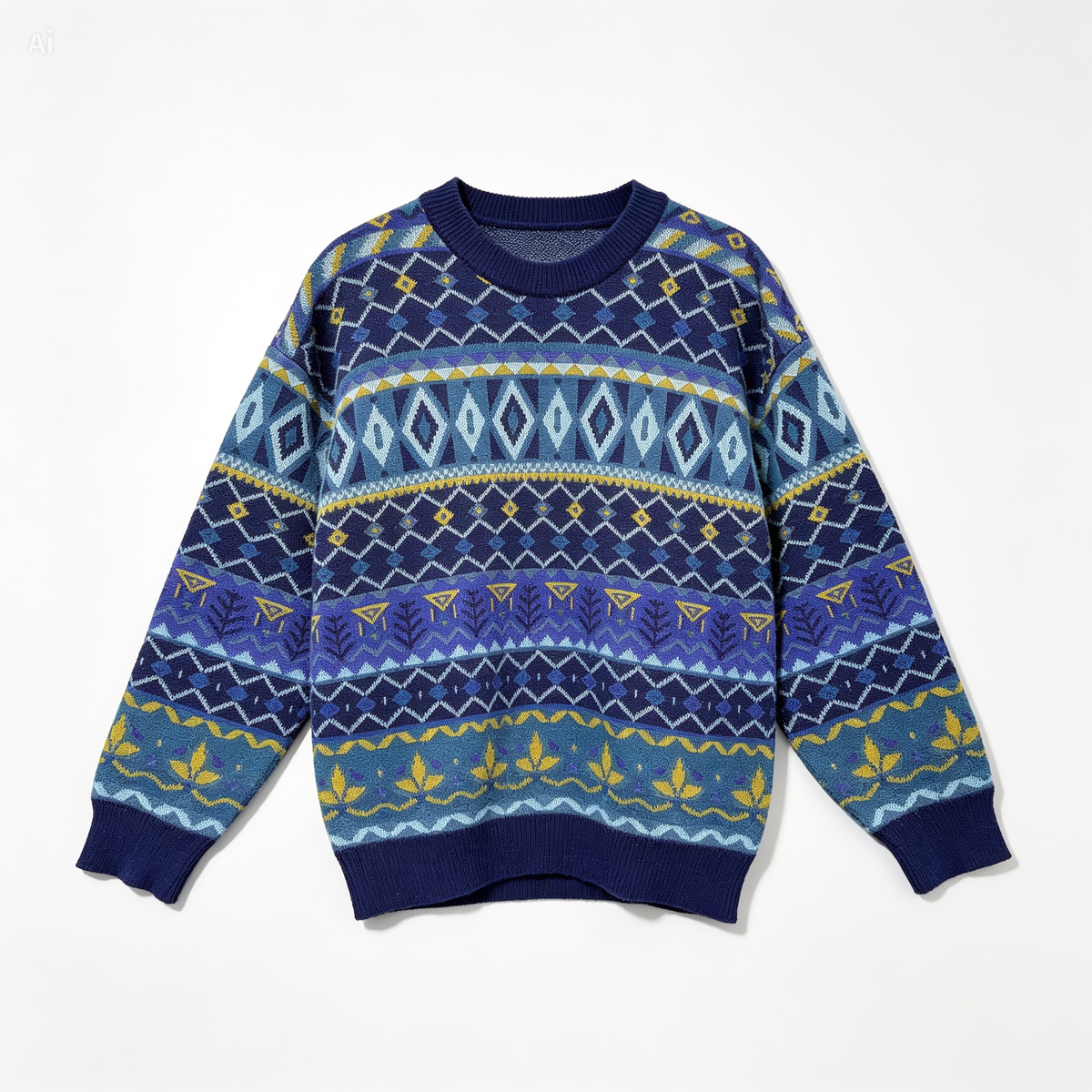 A long-sleeve crewneck knit sweater featuring a colorful Fair Isle pattern in shades of navy, royal blue, light blue, and yellow, laid flat against a white background.