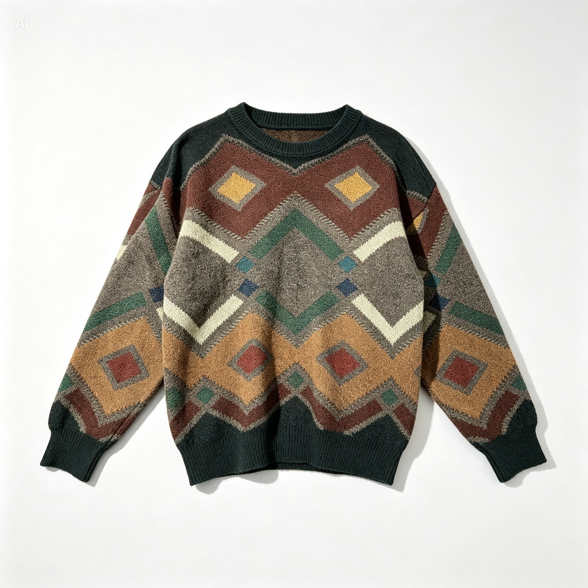 A long-sleeve knit sweater with a geometric diamond pattern in brown, beige, green, orange, and red, featuring a dark green crew neck, cuffs, and hem, laid flat against a white background.