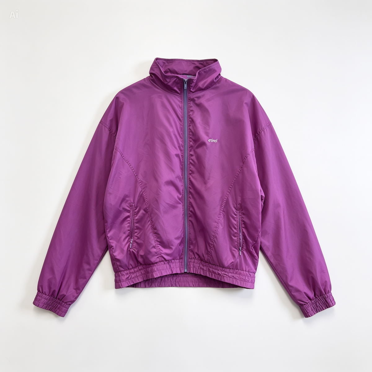 A purple lightweight zip-up windbreaker jacket with a stand-up collar, elastic cuffs, and a small white logo on the left chest, displayed flat against a plain white background.