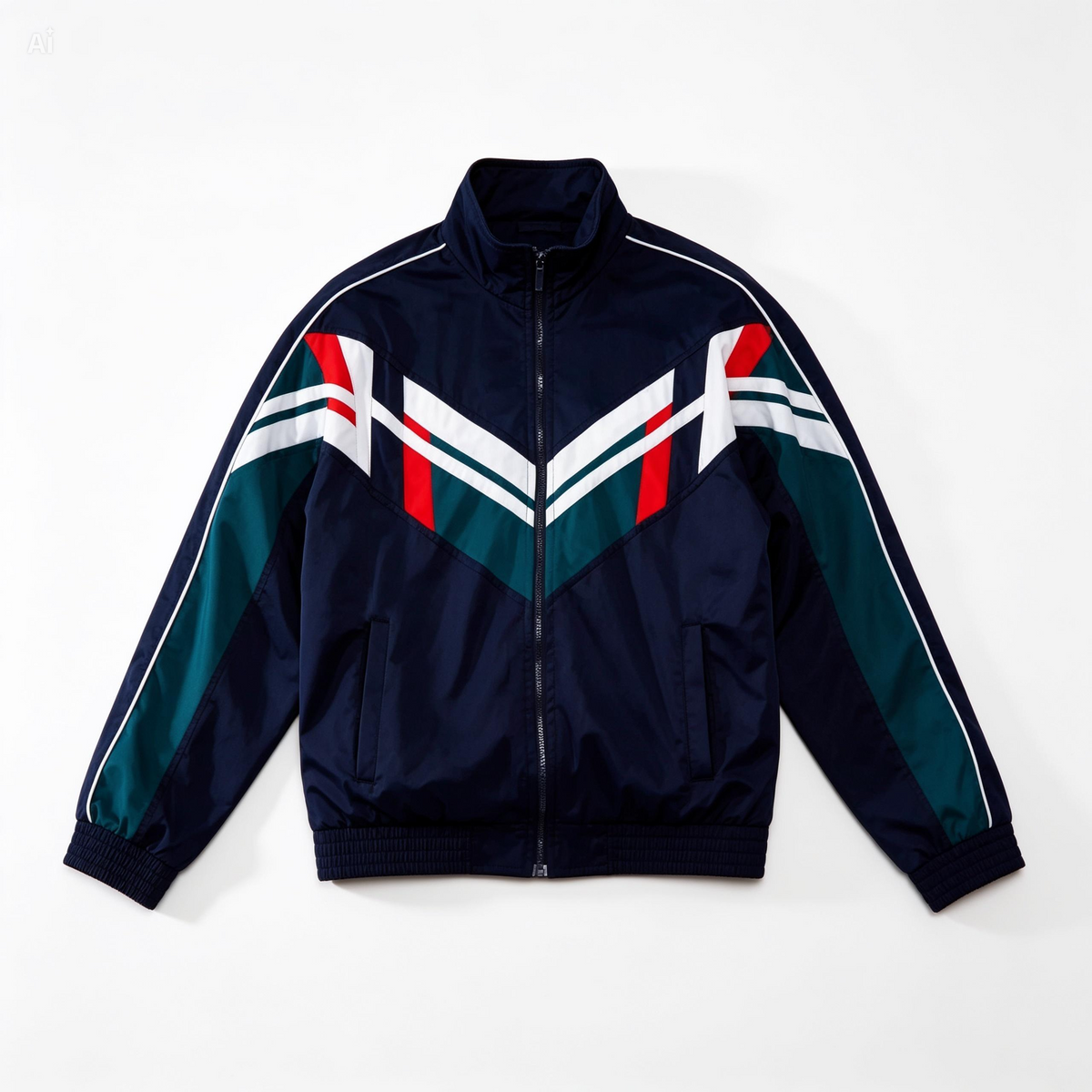 A navy blue zip-up track jacket with a high collar, featuring a bold geometric V-stripe pattern on the chest in white, red, and teal, with teal and white stripes running down the sleeves.