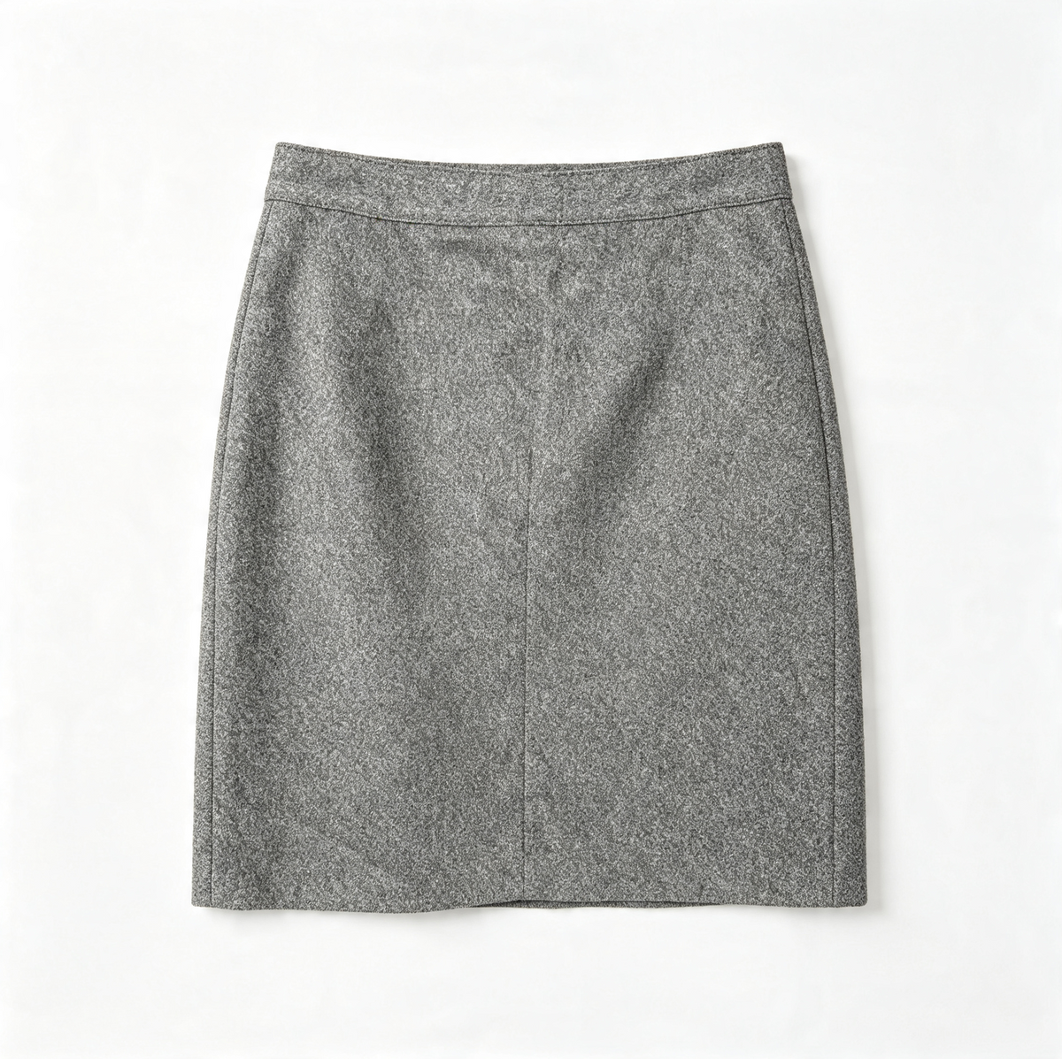 A gray textured wool skirt with a straight, slightly flared silhouette, laid flat against a clean white background.