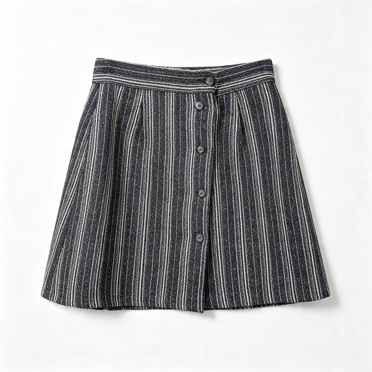 A black and white vertically striped pleated wool mini skirt with a button-up front, shown flat against a white background.