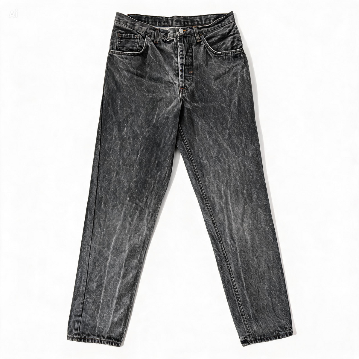 A pair of high-waisted, straight-leg jeans in a washed charcoal gray denim, laid flat against a white background.