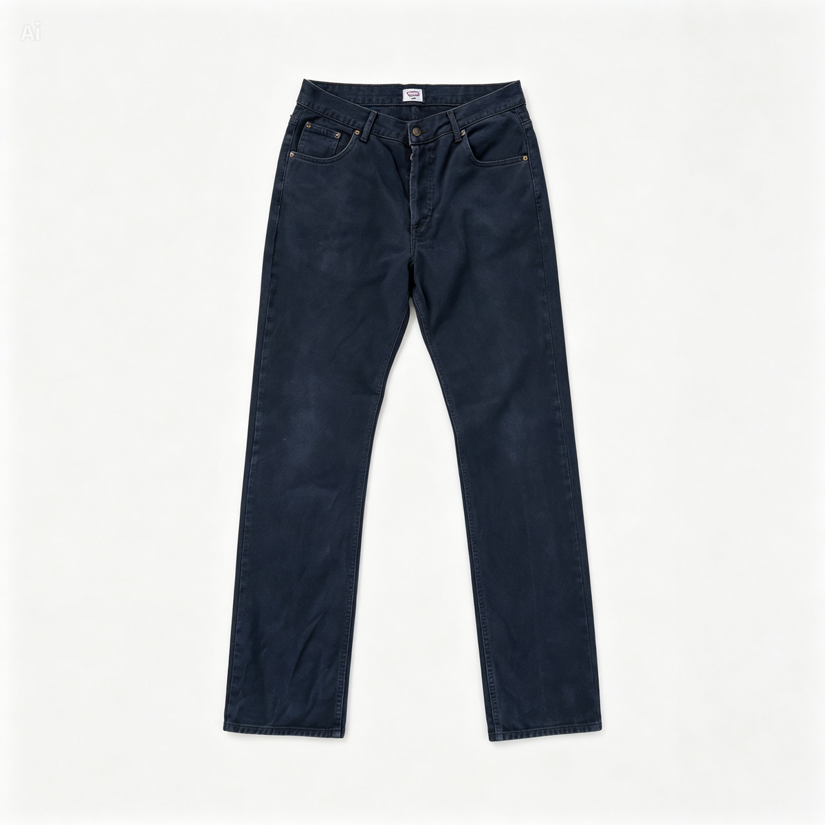 A pair of dark navy blue denim jeans laid flat against a clean, off-white background.