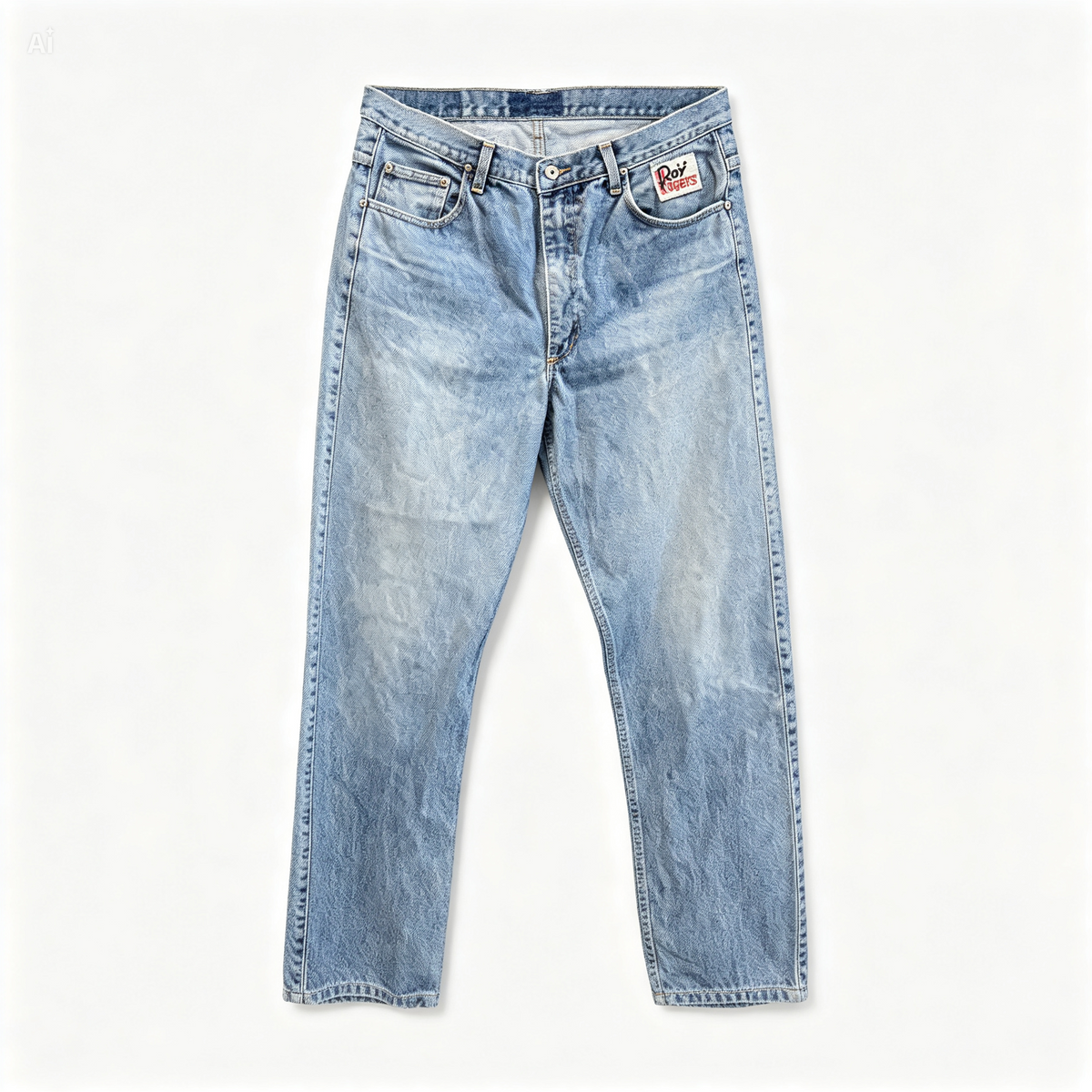 Light blue denim jeans with a faded wash and a red and white brand patch on the front right pocket, shown flat against a white background.