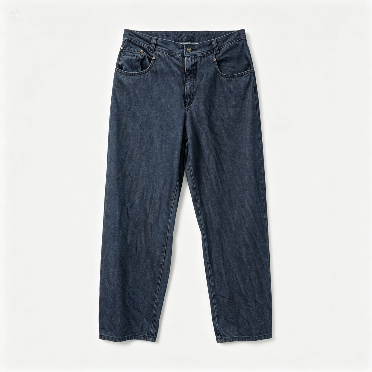 A pair of dark blue denim jeans with a faded wash, laid flat against a light off-white background.