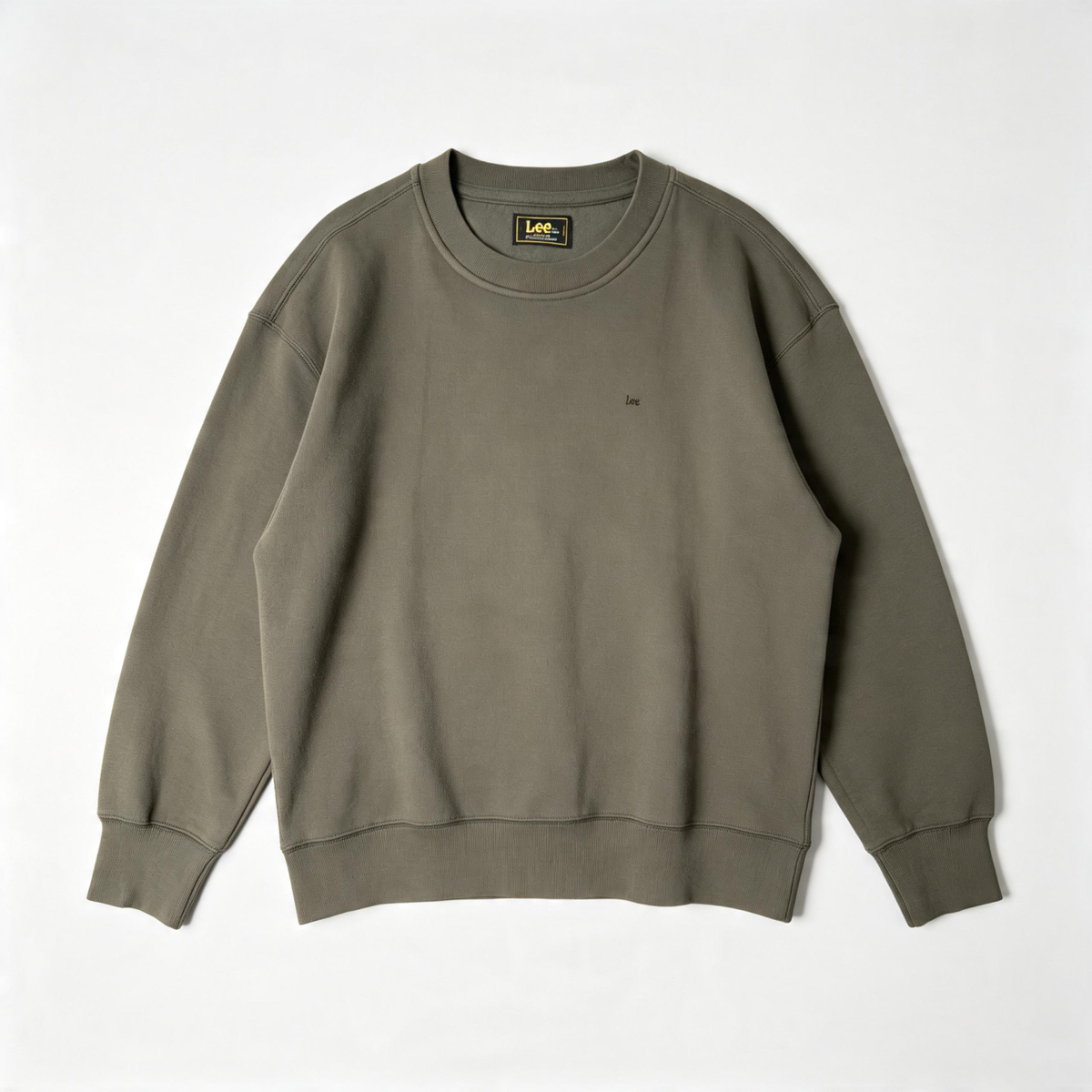 An olive green crewneck sweatshirt with a small embroidered Lee logo on the left chest, laid flat against a light gray background.