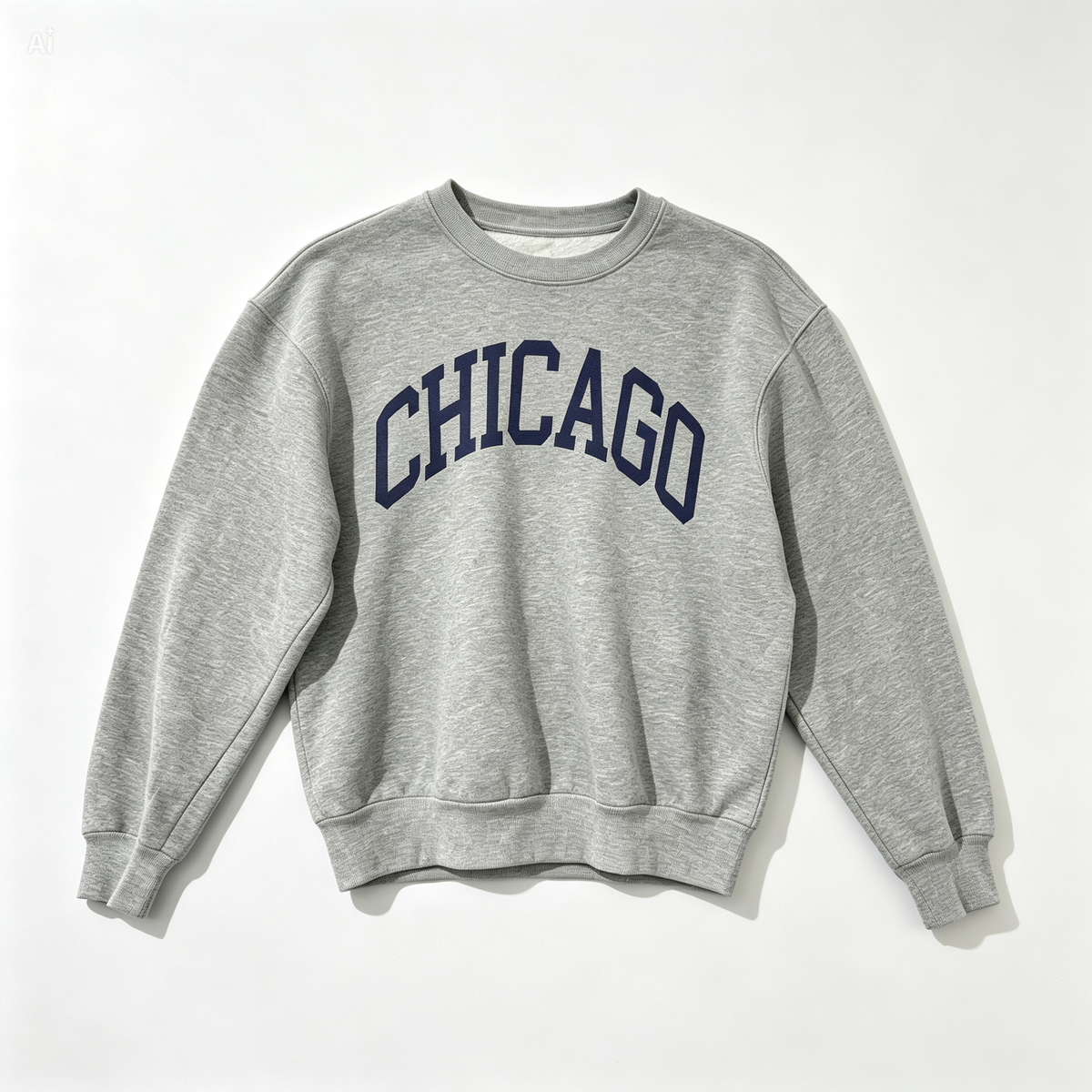 A heather gray crewneck sweatshirt with 'CHICAGO' printed in navy blue arched block letters across the chest, laid flat against a light off-white background.