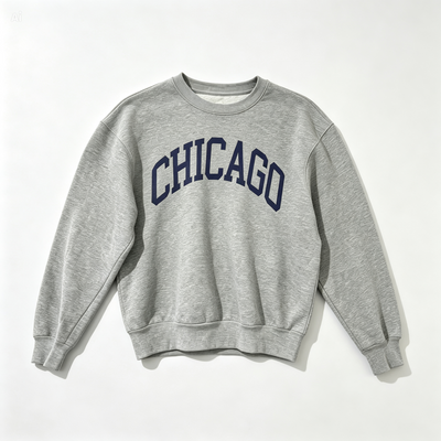 A heather gray crewneck sweatshirt with 'CHICAGO' printed in navy blue arched block letters across the chest, laid flat against a light off-white background.