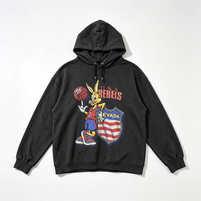 A black heathered hoodie featuring a large graphic print of a cartoon rabbit holding a basketball next to a shield with the text 'USA REBELS' and 'NEVADA'.