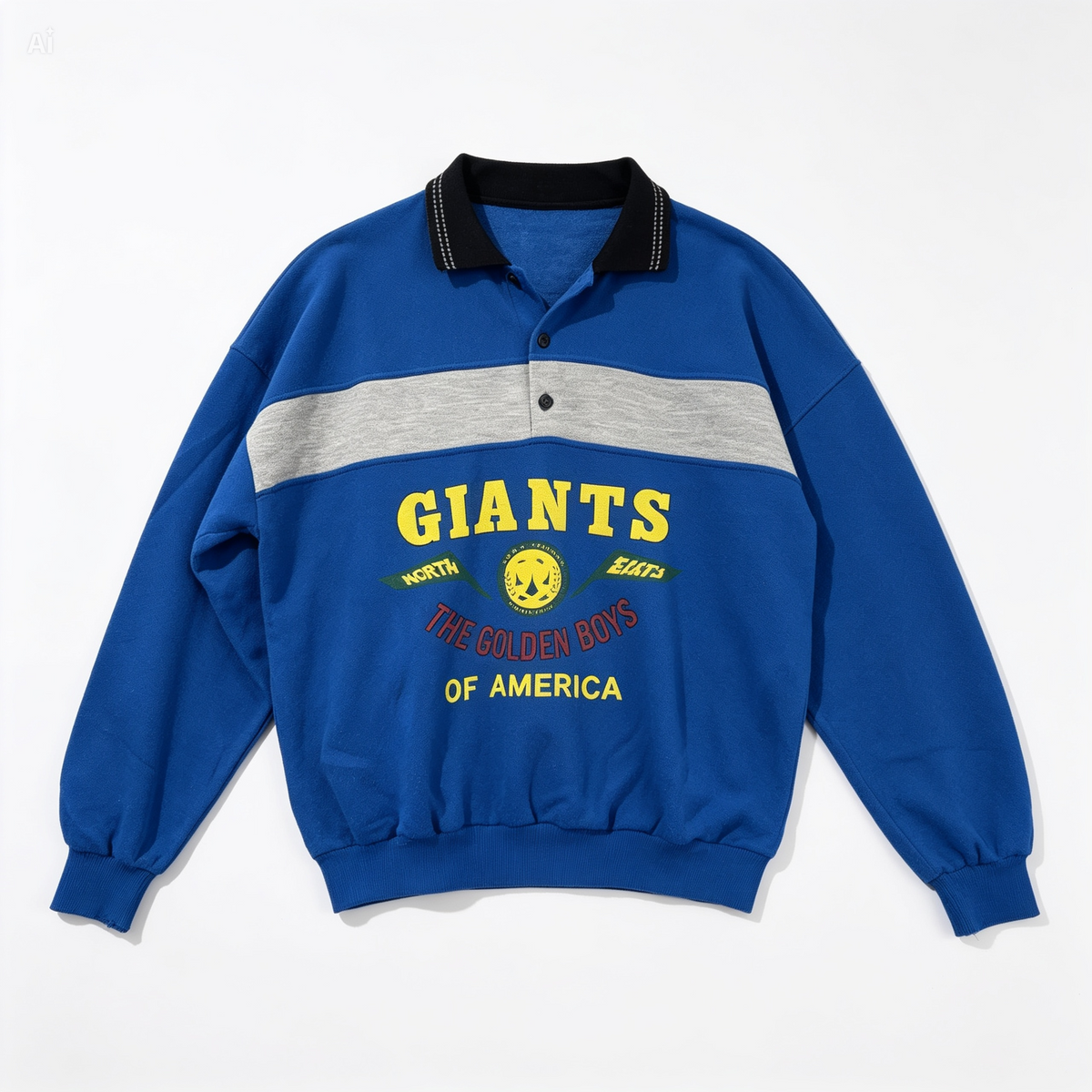 A blue long-sleeve pullover sweatshirt with a gray chest stripe, black collar, and yellow 'GIANTS' text graphic on the front, shown on a clean white background.