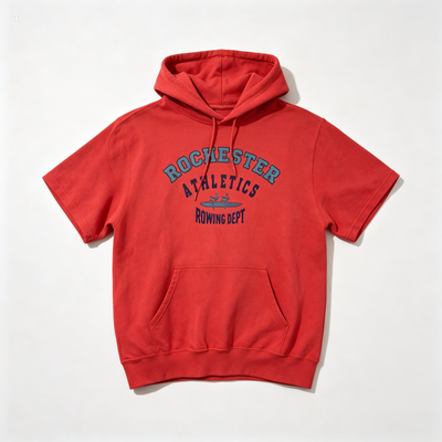 A red short-sleeve hoodie with a front kangaroo pocket and a blue graphic reading 'ROCHESTER ATHLETICS ROWING DEPT' on the chest, laid flat against a light gray background.