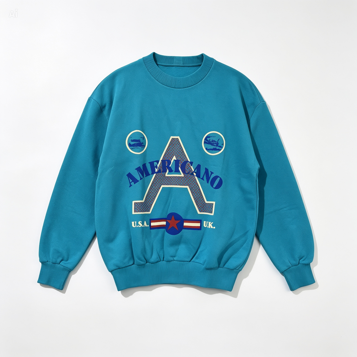 A teal blue crewneck sweatshirt with a large graphic on the front featuring a stylized letter 'A', the word 'AMERICANO', and 'U.S.