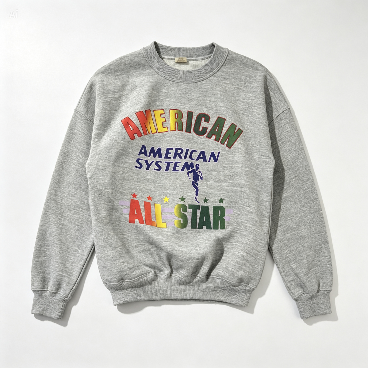 A heather gray crewneck sweatshirt featuring a colorful retro graphic on the front that reads 'AMERICAN AMERICAN SYSTEMS ALL STAR' with stars and a small runner silhouette, shown against a plain white background.