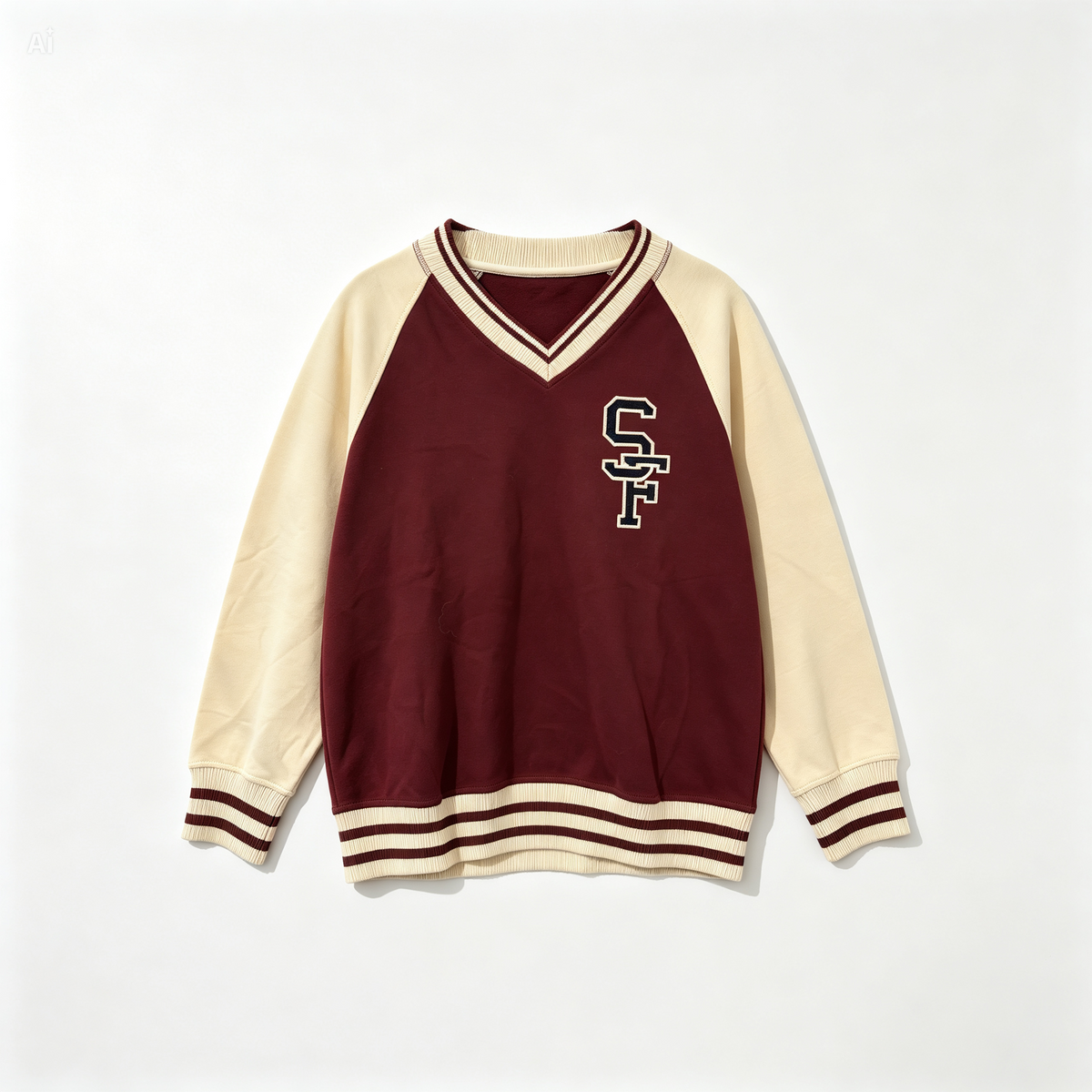 A varsity-style long-sleeve sweater with a maroon body and cream sleeves, featuring a cream and maroon V-neck collar, striped ribbed cuffs and hem, and a cream and maroon 'SF' monogram on the chest.