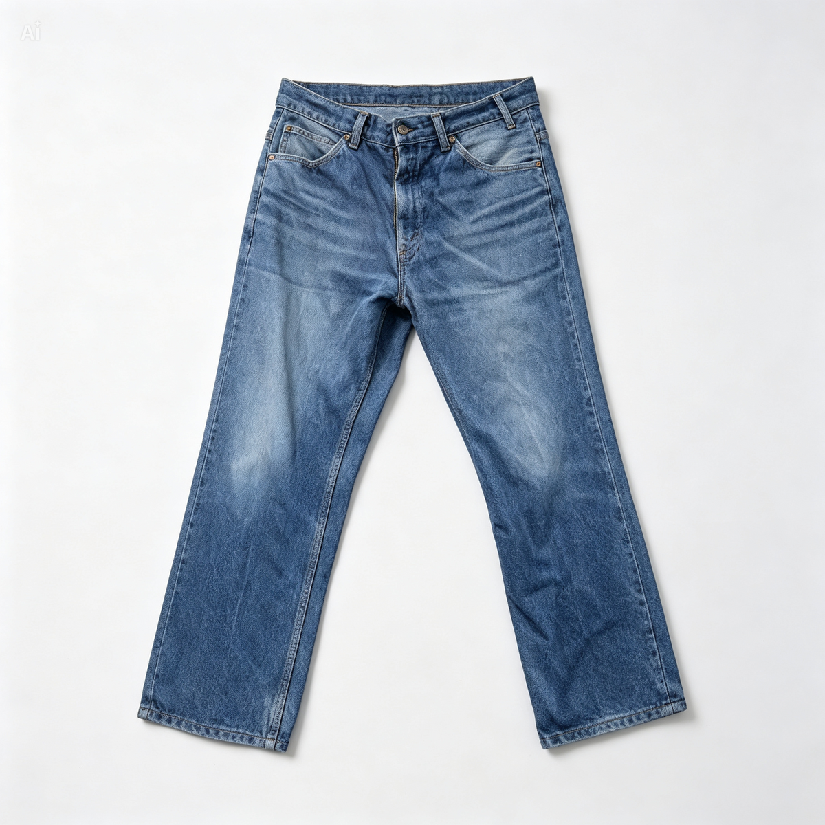 A pair of medium-wash blue denim jeans with a faded wash on the thighs, laid flat against a light gray background.