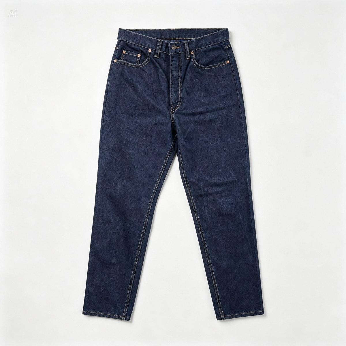 A pair of dark indigo blue jeans laid flat against a light gray background, showing the front view with belt loops, pockets, and contrast stitching.