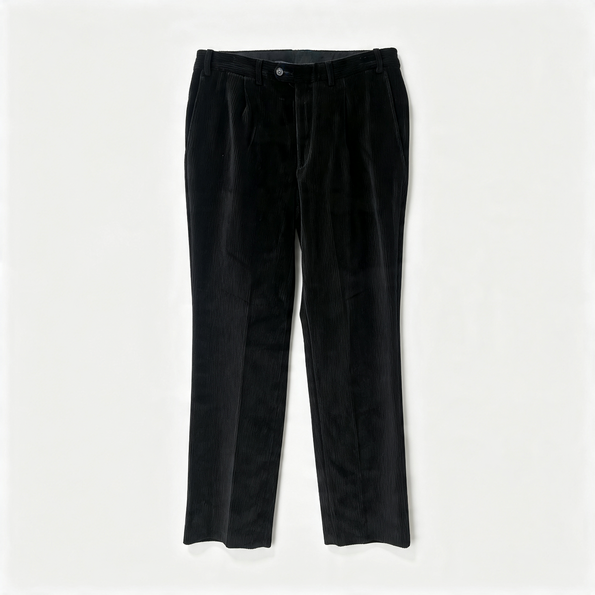 Black corduroy trousers with a straight-leg fit, displayed flat against a light off-white background.