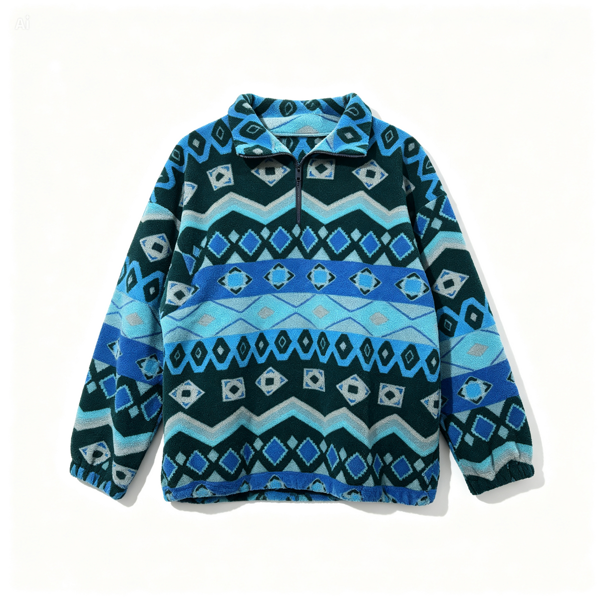 A long-sleeve quarter-zip fleece pullover with a colorful geometric tribal pattern in shades of blue, teal, and black, displayed flat against a white background.