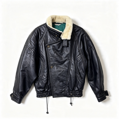 A black leather aviator-style jacket with a cream shearling collar, shown flat against a plain white background.