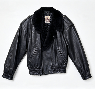 A black leather aviator-style jacket with a plush black faux-fur collar, laid flat against a clean white background.