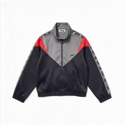 A FILA track jacket in black and gray with red color-blocked shoulder panels, featuring a gray and black striped tape detail on the sleeves and a small FILA logo on the chest.