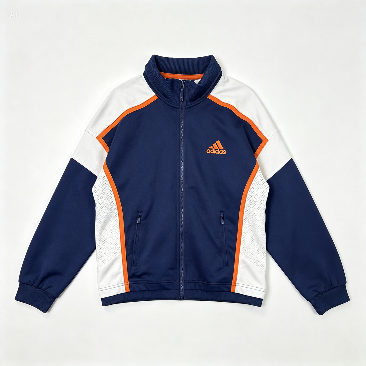 An Adidas track jacket in navy blue, white, and orange, laid flat against a light off-white background. The jacket features a navy blue stand collar, navy sleeves, white side panels, and orange piping accents along the shoulders and sides, with the orange Adidas logo on the left chest.