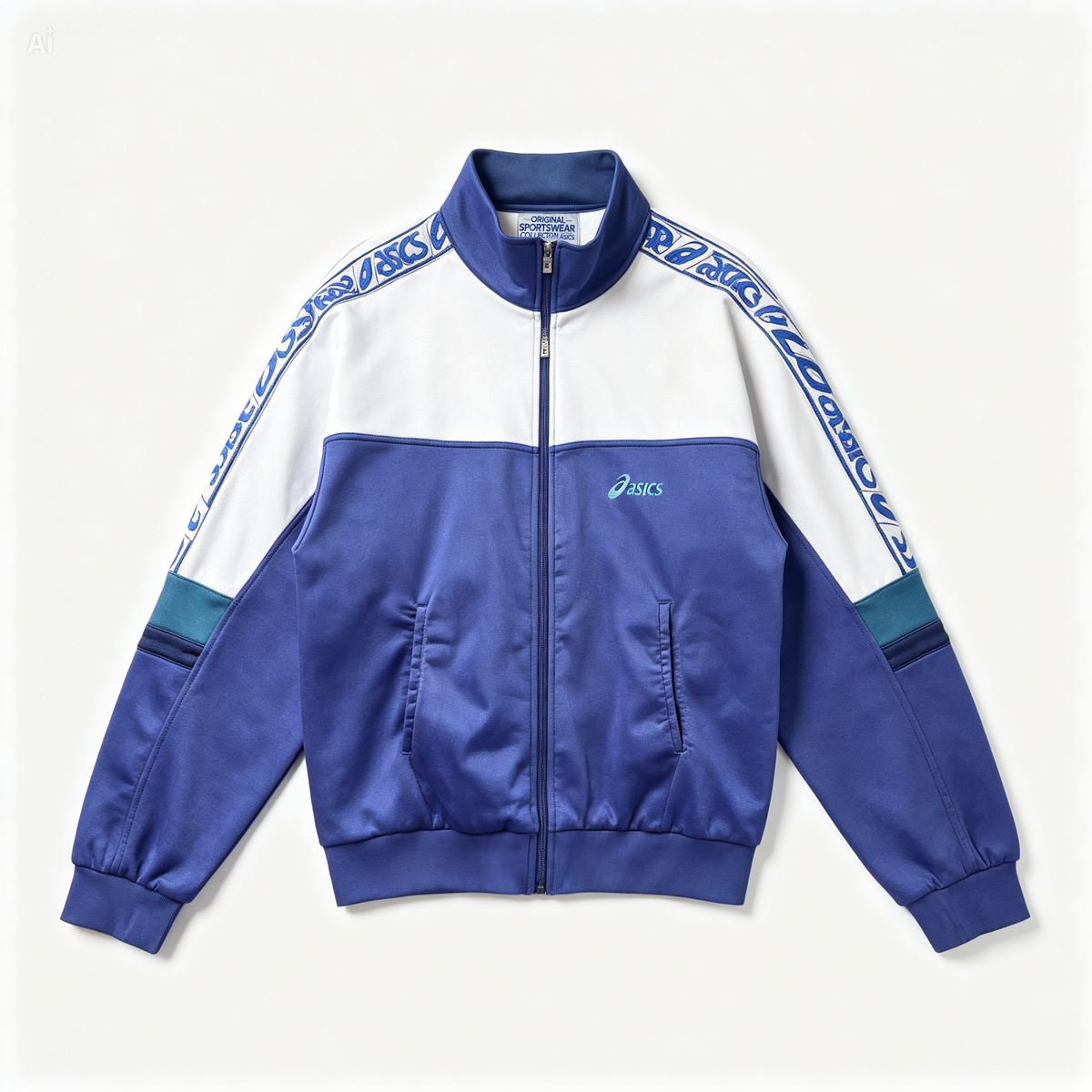 A blue and white Asics track jacket with patterned shoulder stripes, a full zipper, and ribbed cuffs and hem, shown flat against a light cream background.