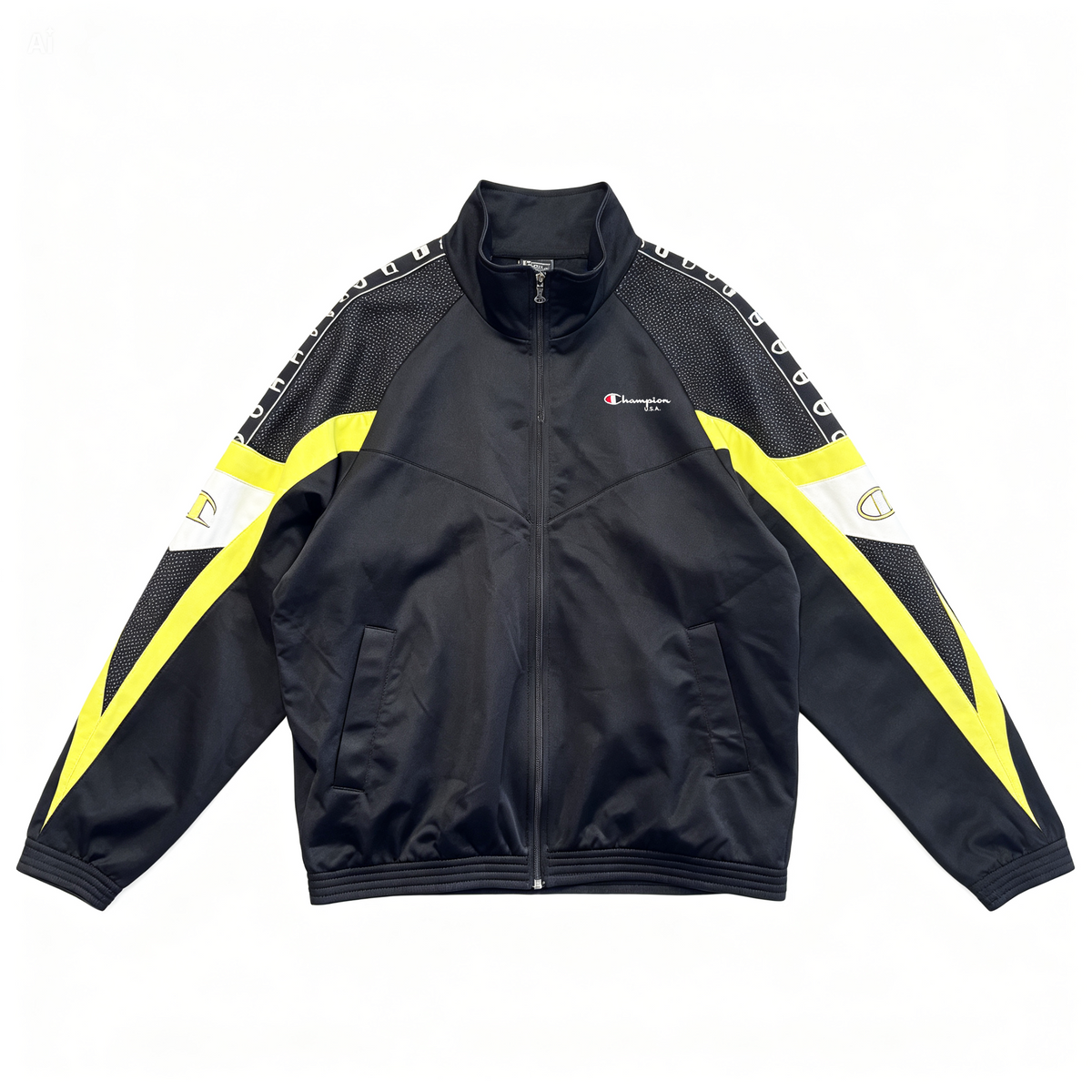 A black Champion track jacket with bright yellow and white graphic accents on the sleeves, laid flat against a white background.